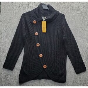 Grecerelle Cardigan Sweater Womens M Black Waffle Knit Asymmetric Button Front
